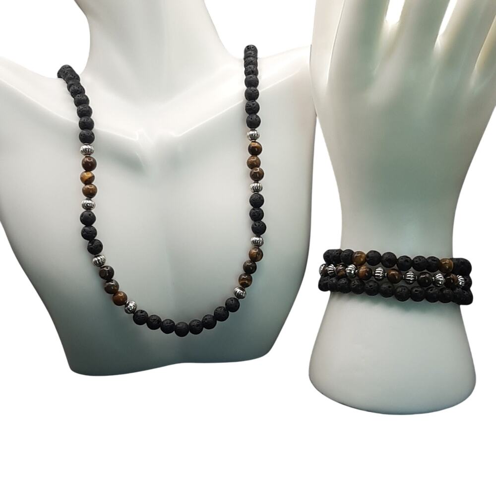 NWOT 4 Pack Jewelry Set Natural Stone Lava Agate Beaded Necklace Bracelets